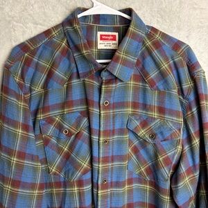 Wrangler Shirt XL Mens Blue Plaid Flannel Button Western Rodeo Festival Cowboy